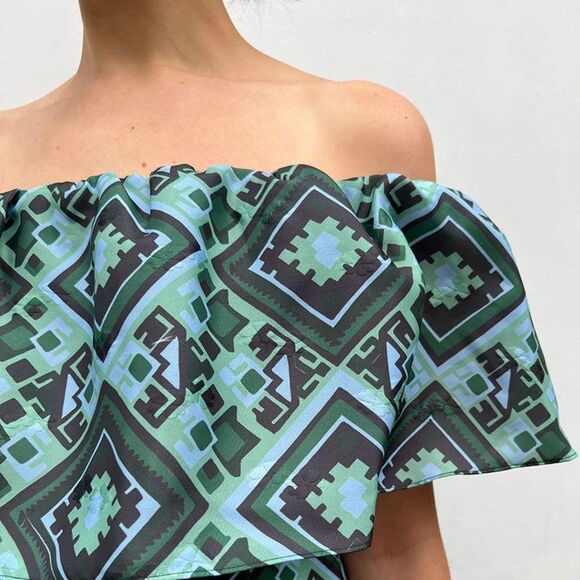 NWOT Baum Und Pferdgarten Alice Geo Print Off Shoulder Mini Dress Green/Blue M - Picture 2 of 15